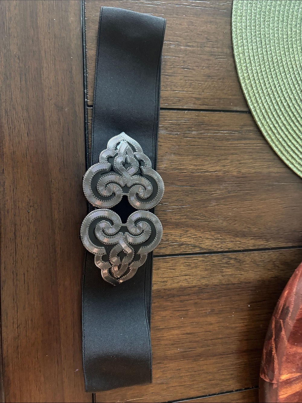Black Elastic Waist Belt with Ornate Silver Buckle